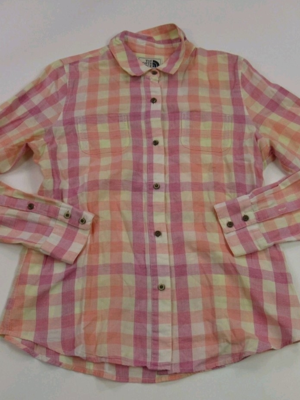 The North Face Pink & Peach Plaid Button-Up Shirt Size Large Outdoors Horses